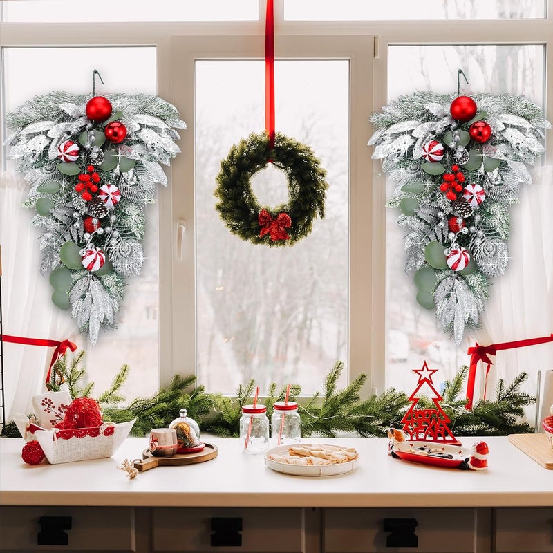 FineCheer 2 Pcs Christmas Teardrop Swags for Front Door 22 Inch Artificial Pine Swag Sliver White Mailbox Swag Decoration for Xmas Door Stair Window Fireplace Wall Shelf Hanging Decor (Berries) - Image 3